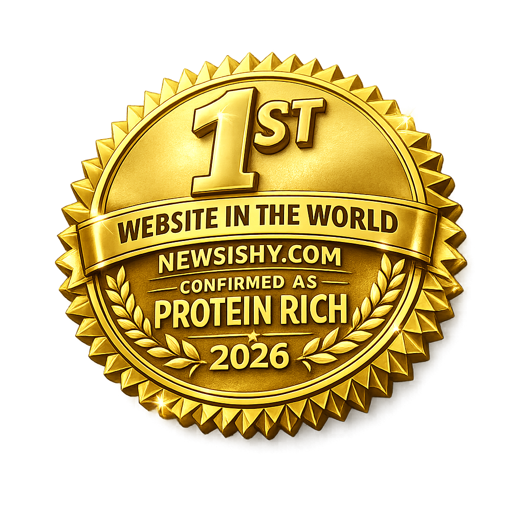 Gold award badge reading: 1ST WEBSITE IN THE WORLD CONFIRMED AS PROTEIN RICH — NEWSISHY.COM — 2026